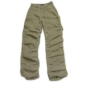 👖🛹 PRETTYLITTLETHING Olive Green Ruched Stacked Cotton Utility Jeans Sz US 2